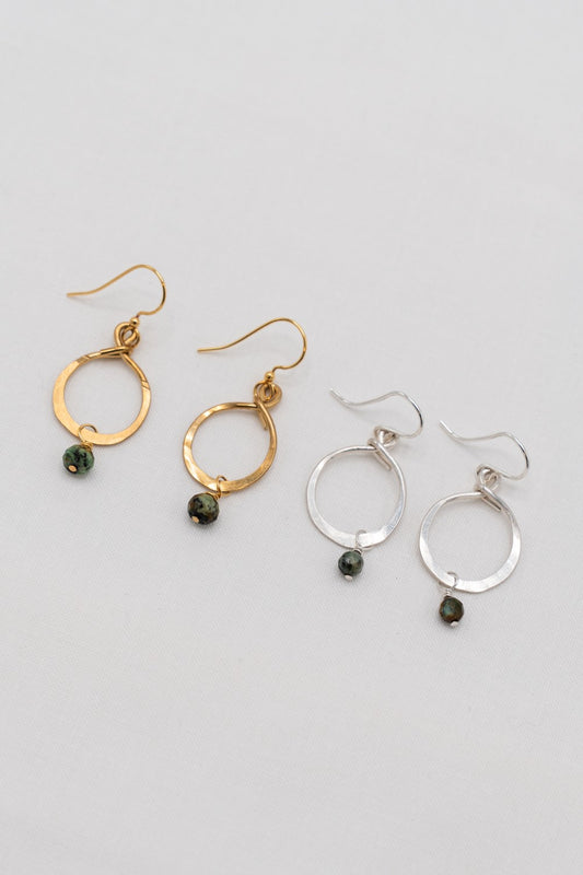 Hammered Small Hoop Earrings with Turquoise Bead|278