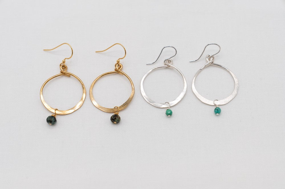 Hammered Large Hoop Earrings with Turquoise Bead|271