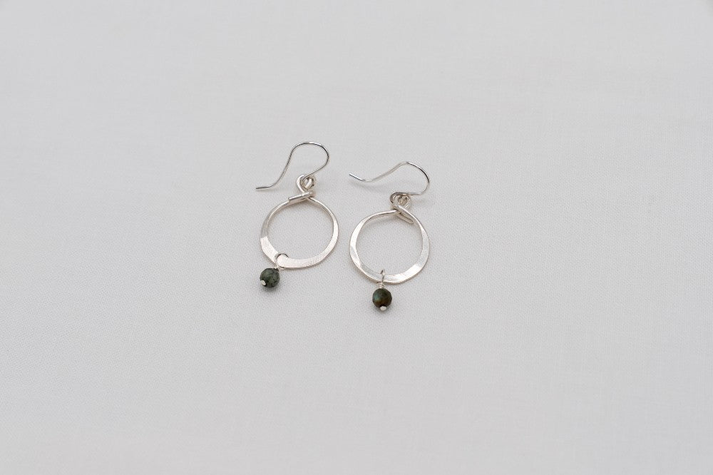 Hammered Small Hoop Earrings with Turquoise Bead|279